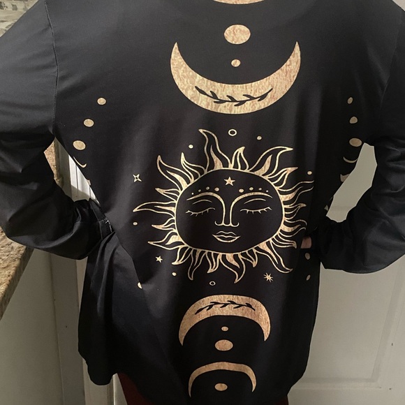 Black Long Sleeve cardigan with Gold Sun and Moon Design - Picture 2 of 4